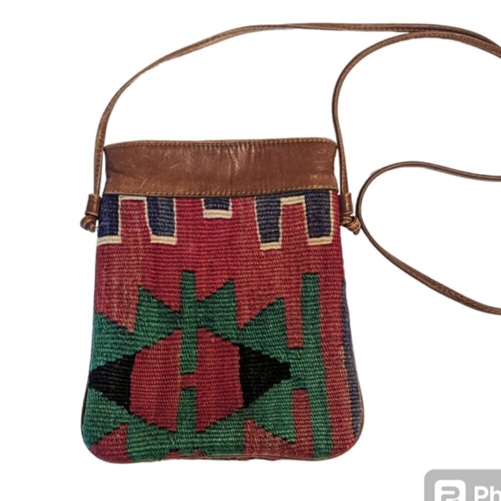 Vintage Kilim Purse Leather 90’s Crossbody Boho Textile Tapestry Weave